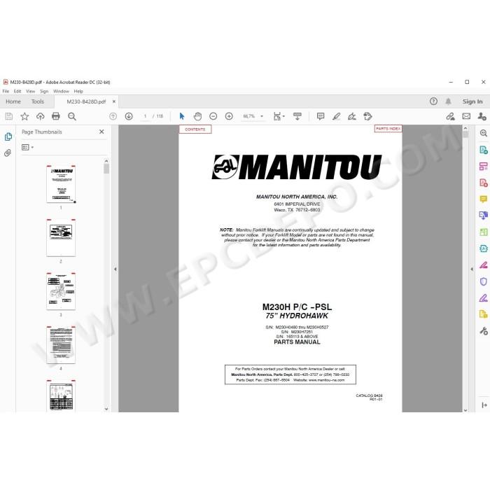 Manitou Forklift M230H P/C PSL 75 Hydrohawk parts manual