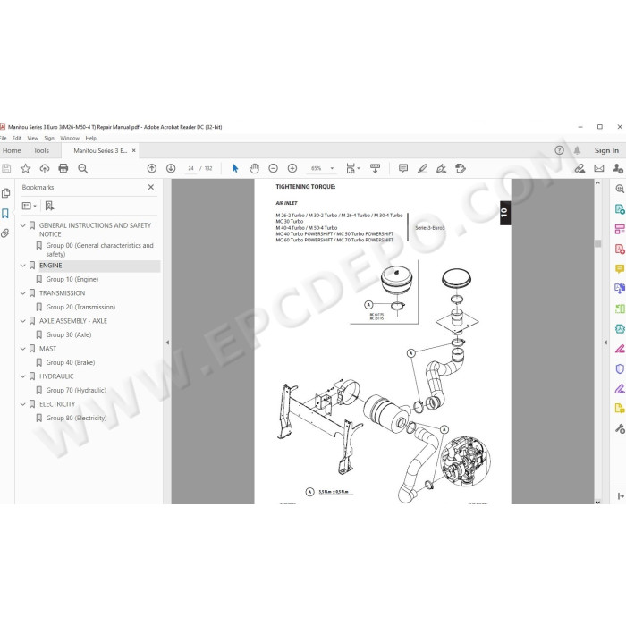 Manitou Forklift M26 M30 M40 M50 2 / 4, MC30 MC40 MC50 MC60 MC70 Turbo S3 E3 service manual