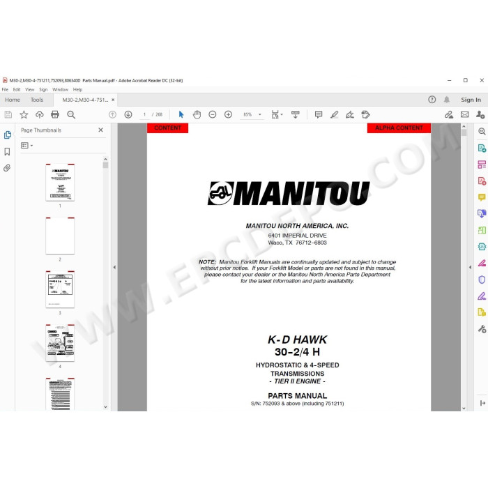 Manitou Forklift 30-2 30-4 H K-D HAWK parts manual