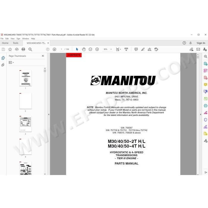 Manitou Forklift M30-2T M30-4T M40-2T M40-4T M50-2T M50-4T + H / L parts manual