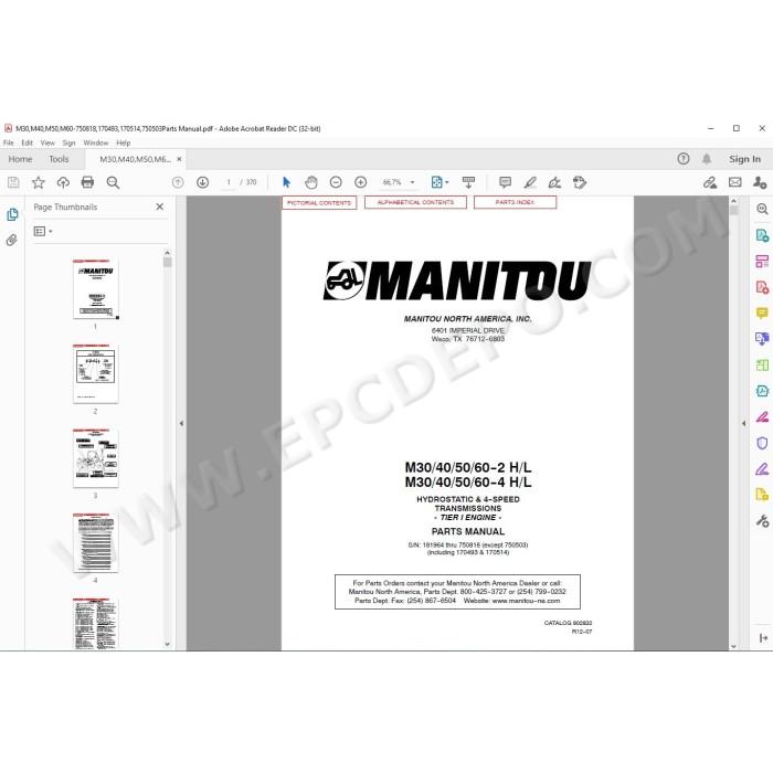 Manitou Forklift M30-2 M30-4 M40-2 M40-4 M50-2 M50-4 M60-2 M60-4 H / L parts manual