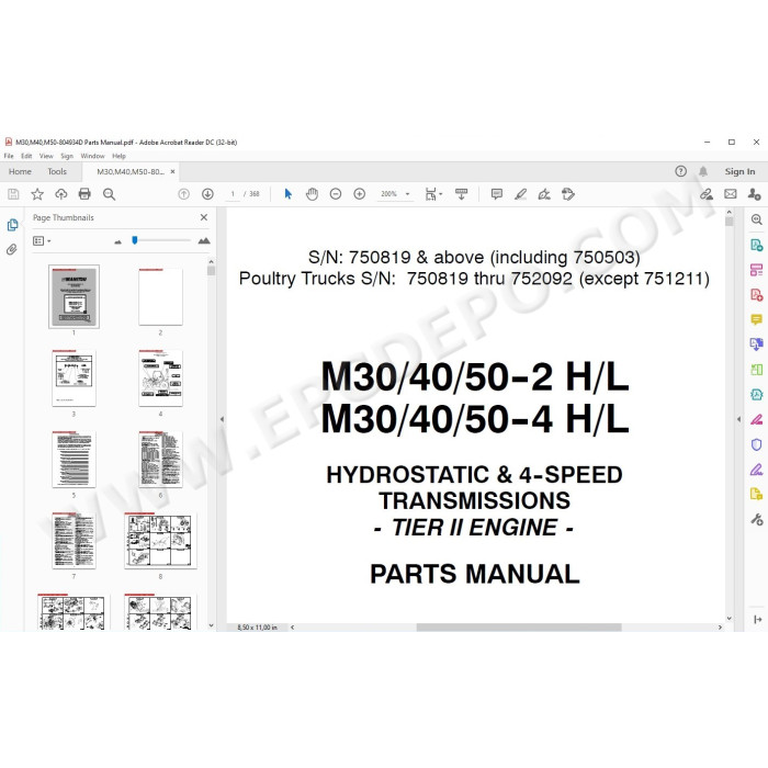 Manitou Forklift M30-2 M30-4 M40-2 M40-4 M50-2 M50-4 + H / L parts manual