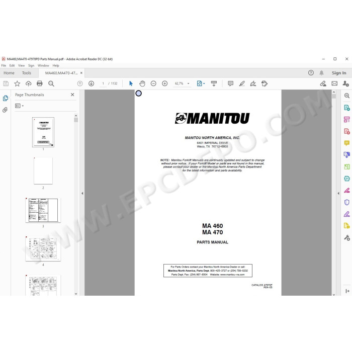 Manitou Forklift MA 460 470 spare parts manual