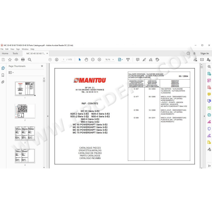 Manitou Forklift MC 30 40 50 60 70 / M26-2 M26-4 M30-2 M30-4 M40-4 M50-4 S3 E2 parts manual