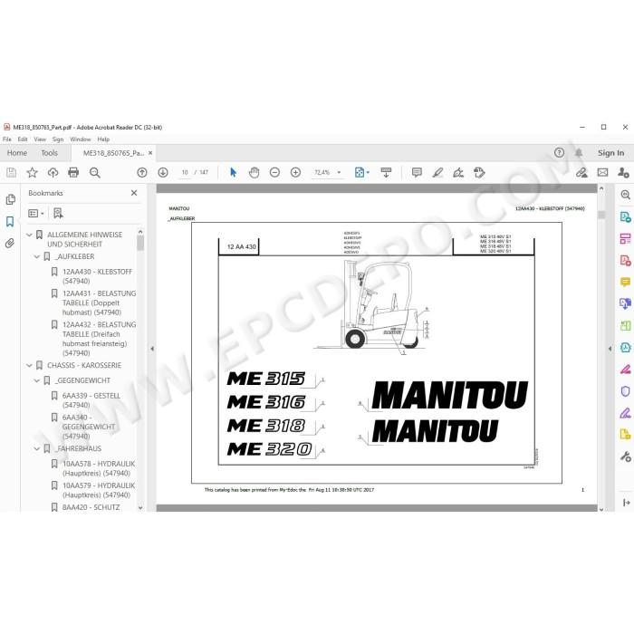 Manitou Forklift ME 315 316 318 320 48V S1 / S2 / S3 spare parts manual