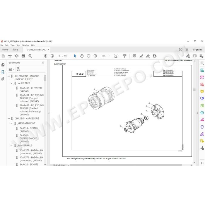 Manitou Forklift ME 315 316 318 320 48V S1 / S2 / S3 spare parts manual