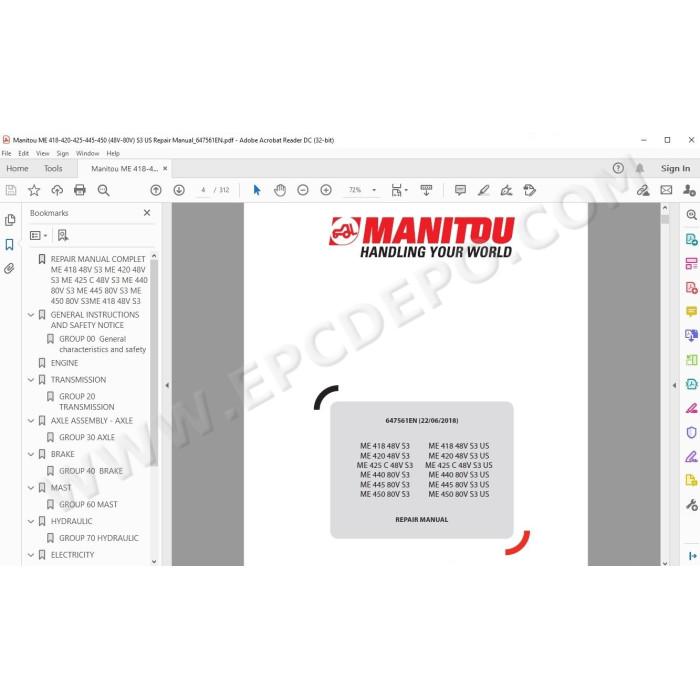 Manitou Forklift ME 418 420 425 445 450 48V / 80V Serie 3 service manual