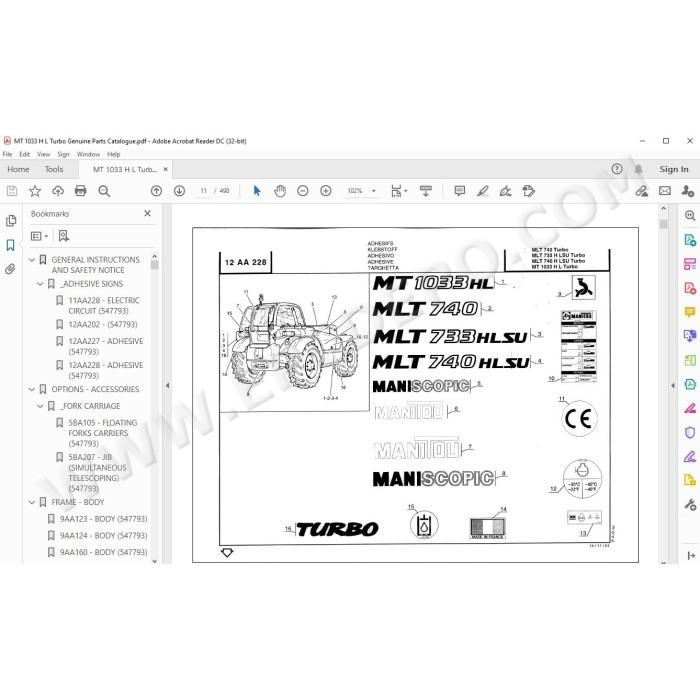 Manitou MLT 733 740 / MT 1033 Turbo parts manual