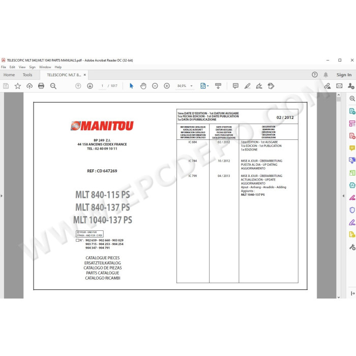 Manitou MLT 840 1040 115 / 137 PS spare parts manual