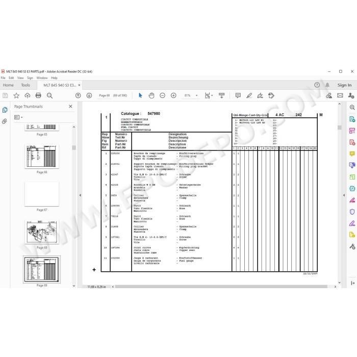 Manitou MLT 845 940 L 120 LSU Serie 3 E3 spare parts manual