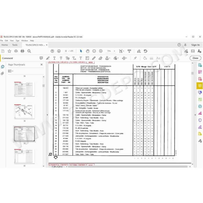 Manitou Forklift MSI 30D spare parts manual