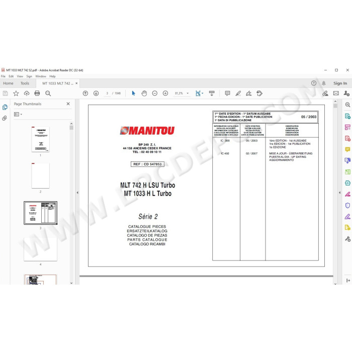 Manitou MLT 742 / MT 1033 Turbo Serie 2 E2 parts manual