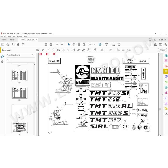 Manitou Forklift TMT 315 315RL 317SI 317SIRL 320S parts manual