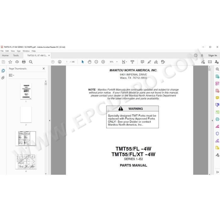 Manitou Forklift TMT55 FL / XT 4W Series 1 E2 parts manual