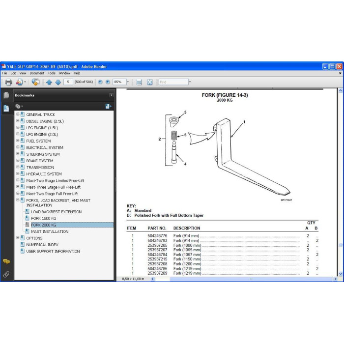 YALE FORKLIFT GLP / GDP 16 - 20 AF / BF PARTS CATALOG