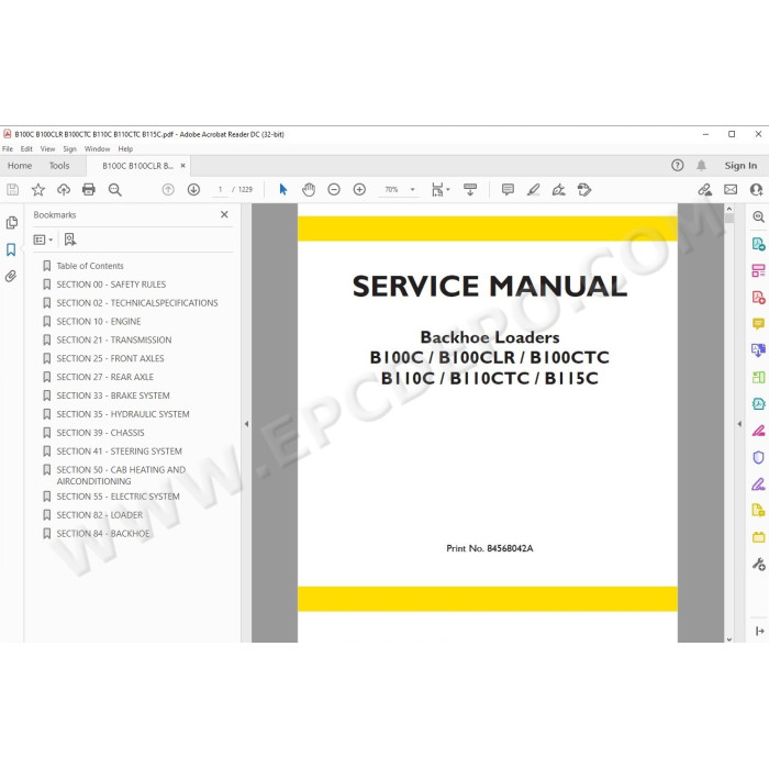 New Holland Backhoe Loader B100C B100CLR B100CTC B110C B110CTC B115C service manual