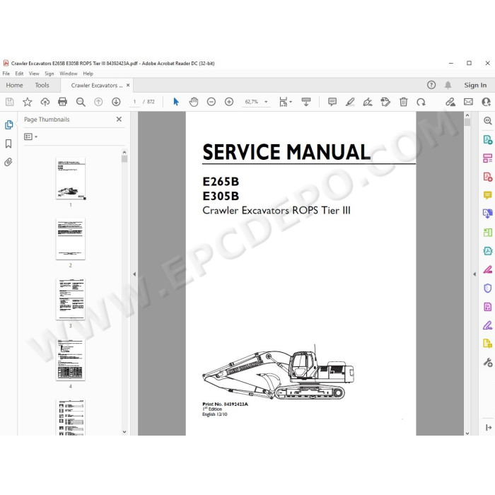 New Holland Excavator E265B E305B Rops Tier 3 service manual