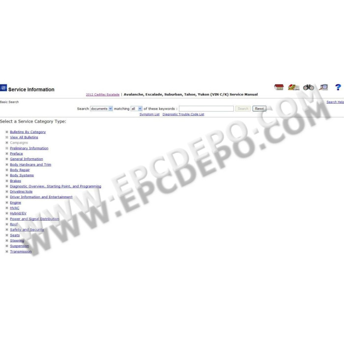 GENERAL MOTORS GM ESI SERVICE INFORMATION CATALOG 2012