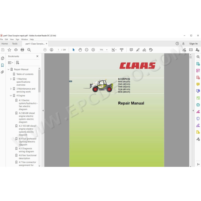 Claas Telehandler Scorpion 9040, 7045, 7040, 7030, 6030 service manual